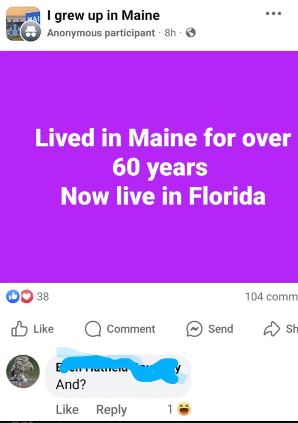 screenshot - A I grew up in Maine Anonymous participant 8h Lived in Maine for over 60 years Now live in Florida 38 104 comm Q Comment Send Sh And? 1